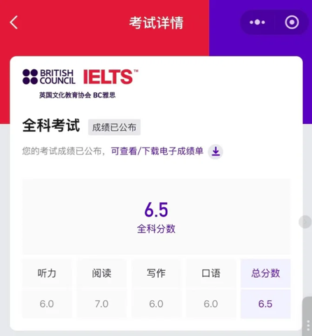 雅思成绩单 · 总分 6.5