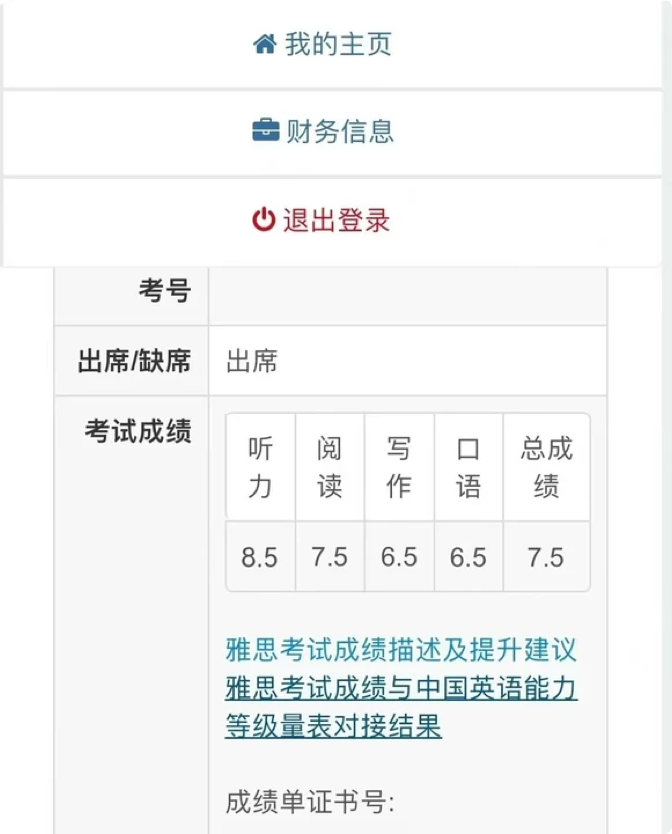 雅思成绩单 · 总分 7.5