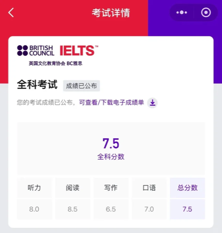雅思成绩单 · 总分 7.5