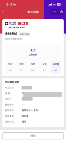 雅思成绩单 · 总分 8.0
